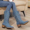 image:imageGLOBALWIN Womens Cowboy Boots Comfortable Brown Cowgirl Boots For Daily Wear Work amp Travel Square Toe Fall Boots With Low Heel And Easy Side Zipper Versatile Mid Calf Boots For Women23yy13 Denim Blue