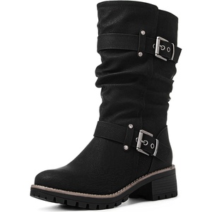 image:imageGLOBALWIN Chunky Mid Calf Fashion Dressy Motocycle Biker Military Style Combat Boots for Women Low Heel21yy08black