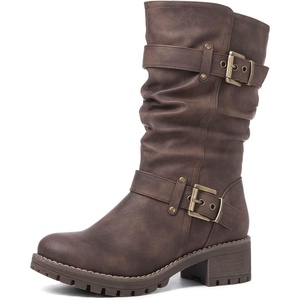 image:imageGLOBALWIN Chunky Mid Calf Fashion Dressy Motocycle Biker Military Style Combat Boots for Women Low Heel21yy08brown