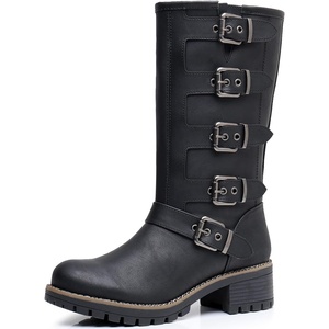 image:imageGLOBALWIN Chunky Mid Calf Fashion Dressy Motocycle Biker Military Style Combat Boots for Women Low Heel23yy11 Black
