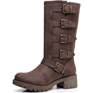 image:imageGLOBALWIN Chunky Mid Calf Fashion Dressy Motocycle Biker Military Style Combat Boots for Women Low Heel23yy11 Brown