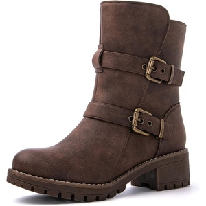 image:imageGLOBALWIN Womens Ankle Boots For Women Faux Fur Lined Winter Moto Boots Ankle Booties With Adjustable Double BucklesBrown With Fur Lining