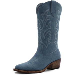 image:imageGLOBALWIN Womens Cowboy Boots Comfortable Brown Cowgirl Boots For Daily Wear Work amp Travel Square Toe Fall Boots With Low Heel And Easy Side Zipper Versatile Mid Calf Boots For Women23yy13 Denim Blue