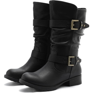 image:imageGLOBALWIN Womens Mid Calf Boots Fashion Moto Boots For Women With Buckle Straps Side Zipper And Low Block Heel  Biker Boots For Fall Spring WinterBlack