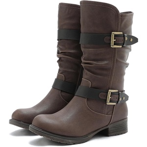 image:imageGLOBALWIN Womens Mid Calf Boots Fashion Moto Boots For Women With Buckle Straps Side Zipper And Low Block Heel  Biker Boots For Fall Spring WinterBrown