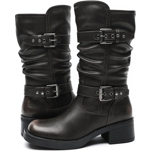 image:imageGLOBALWIN Womens Motorcycle Boots Fall Fashion Mid Calf Boots For Women Square Toe Low Heel24yy01 Brown