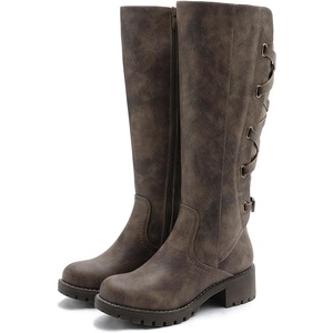 image:imageGLOBALWIN Womens Strappy Motorcycle Knee High Boots Riding Boots Back Lace Up Fall Winter Fashion Knee High Boots For Women22yy07 Brown