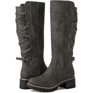 image:imageGLOBALWIN Womens Strappy Motorcycle Knee High Boots Riding Boots Back Lace Up Fall Winter Fashion Knee High Boots For Women22yy07 Grey